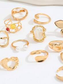 12pcs Exaggerated Flower, Baroque, Colored Rhinestone & Faux Pearl Rings Set, Suitable For Stacking & Multi Element Designs, 'Ins' Style For Women - Gold - View 2