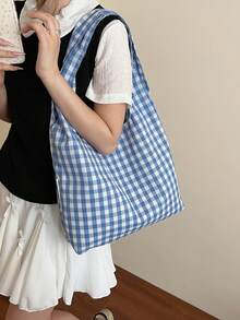 女士时尚大容量背包，彩色格子托特包2025新款，休闲百搭轻便通勤大包，女士购物托特包，沙滩旅行包 - 藍色 - 查看 4