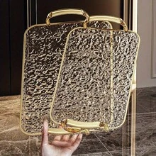 3pcs Transparent Elegant Golden-Rimmed Rectangular Trays Set, Large/Medium/Small PTE Transparent Serving Platters With Handles - Ideal For Fruits, Snacks, Pastries | Perfect For Parties & Festivals, Trays For Serving Food, Party & Festival Essenti - Transparent Gold - View 8