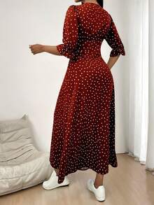 Elegante Vintage de la Mujer de puntos impresos con cuello en V Botón de Split Vestidos,Falda larga estampada de media manga - Rojo - Ver 6