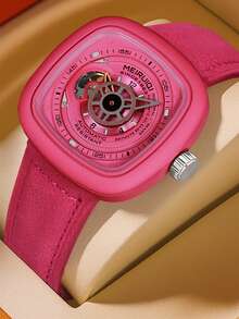 A Ladies' Rose Pink Leather Strap Square Hollow Pointer Type Tourbillon Fully Automatic Mechanical Wrist Watch With A Unique Personalized - one-size - View 1