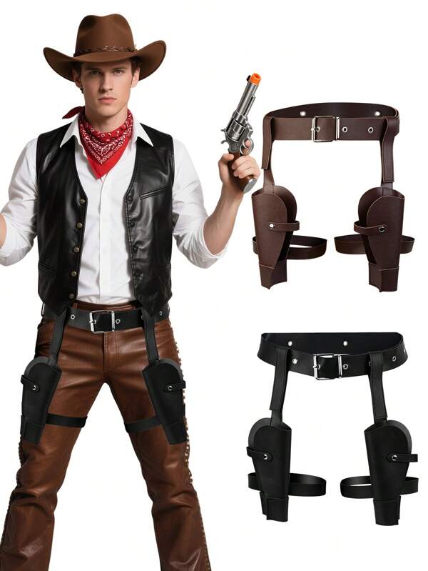 Western Cowboy Costume Gun Holster, Adjustable PU Leather Holster, Gothic Lace-Up Left & Right Medieval Double Gun Holster, Suitable For Renaissance Stage Play, Festival Costumes, Halloween Medieval Sword Sheath Outfit