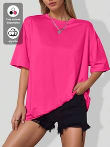 Camiseta de cuello redondo y manga corta en color liso, Camisas casuales de mujer - Rosa Fucsia - Ver 3