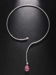 1pc Fully Paved Cubic Zirconia Red Teardrop Choker Necklace, Elegant Silver-Tone Copper Jewelry Suitable For Women's Daily Wear, Applicable For Anniversary, Wedding, Party, Gathering And Special Occasions, Bridal Jewelry Set, Jewelry Gift - 銀色 - 查看 3