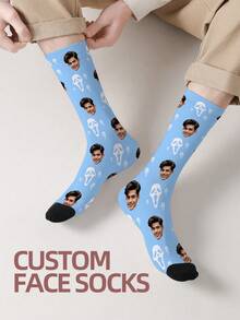 1 Pair Customizable Men's Mid-Calf Socks With Personalized Face Pattern, Can Print Any Face On Socks, Personalized Photo Socks, Fun Customized Image Mid-Calf Socks, Suitable For Valentine's Day, Birthday, Gift, Halloween And Other Occasions, Personalized Customization - Multicolor - View 2