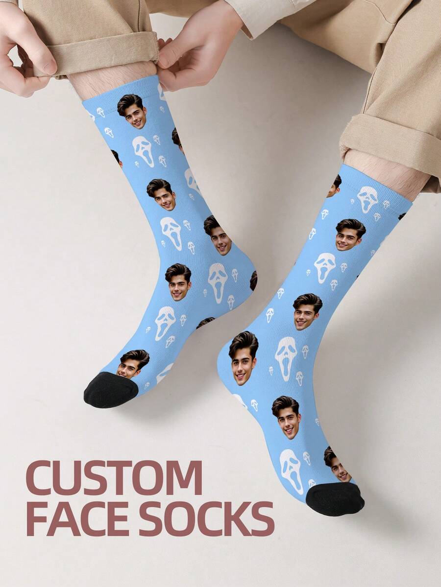 1 Pair Customizable Men's Mid-Calf Socks With Personalized Face Pattern, Can Print Any Face On Socks, Personalized Photo Socks, Fun Customized Image Mid-Calf Socks, Suitable For Valentine's Day, Birthday, Gift, Halloween And Other Occasions, Personalized Customization