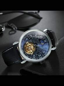 T-WINNER 1 pieza Reloj mecánico automático de moda con diseño luminoso del zodíaco chino para hombres, reloj de esqueleto de tourbillón, relojes de lujo de marca superior para hombres, regalo con caja - Azul - Ver 6