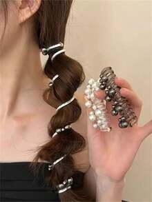 1 件/2 件女士优雅仿珍珠电话线发圈、马尾辫发夹、波西米亚风格发饰、发圈、发绳 - 彩色 - 查看 6