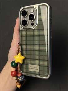 Einfacher retro-grüner Karodesign Handyhülle mit 3D-Stern-Handschlaufe, Silberrandschutz, kompatibel mit iPhone 16 15 14 13 12 11 Plus Pro Max, stilvolles glänzendes Epoxy INS Soft Back Cover