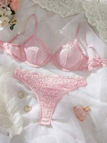 2 件套女士蕾丝细肩带文胸和内裤套装，内衣套装，外出 - 粉色 - 查看 1