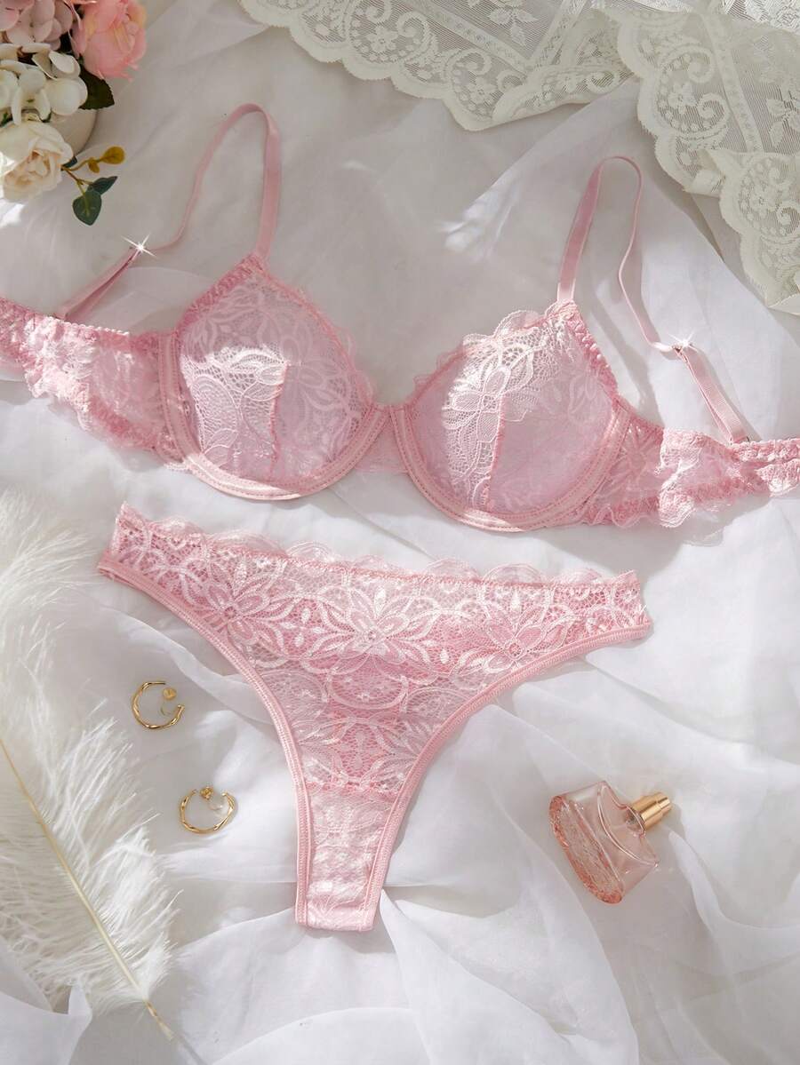 2 件套女士蕾丝细肩带文胸和内裤套装，内衣套装，外出 - 粉色 - 查看 1