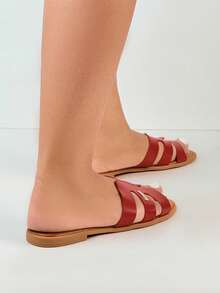 Flat Bottom Open Toe Slippers, Fashion Versatile One-Strap Sandals For Beach, Vacation - Red - View 4