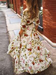 新款时尚优雅花卉印花长袖女长裙春秋季（不含腰带） - 杏色 - 查看 3