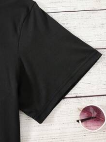 Short Sleeve Round Neck T-Shirt With Cartoon Image Printed On It, Casual And Fashionable Short Sleeve T-Shirt, Micro Elastic, Non-See-Through, Easy To Care For Material, Ideal Daily Wear, Ladies T-Shirt - 黑色 - 查看 5