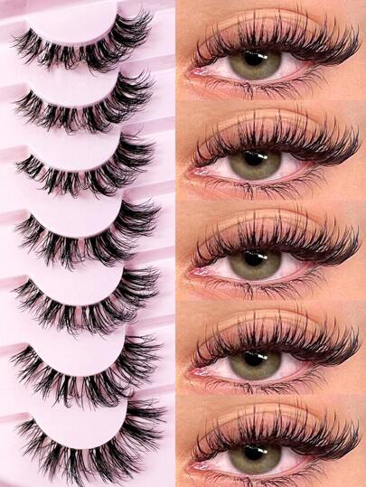 7 Pairs Messy Natural Cat Eye Lashes Clear Band Lashes Cat Eye Look Wispy Lashes Eye End Elongated Full Strip Soft Natural Realistic False Eyelashes Strip Lashes,Lashes,Eyelashes,Fake Lashes