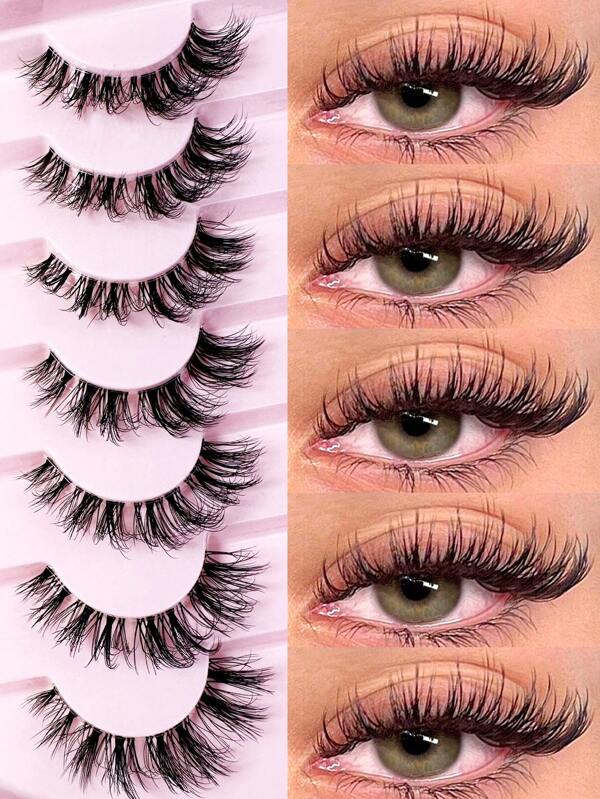 7 pares de cílios postiços naturais bagunçados estilo olho de gato, cílios transparentes estilo olho de gato, cílios finos, alongados, tira completa, macios, naturais e realistas, cílios postiços em tira, cílios postiços, cílios postiços