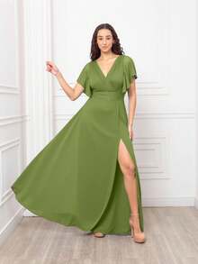 Bridesmaid Long Evening Dress With Short Sleeve Wrap Neckline And Side Slit Simple Elegant Party ElegantElegance Shiny Zipper Ruffle Side Slit Bridesmaid Wedding Party Birthday Party Graduation Party Formal & Evening Wedding Guest Prom - Màu xanh Ô liu - Xem 3