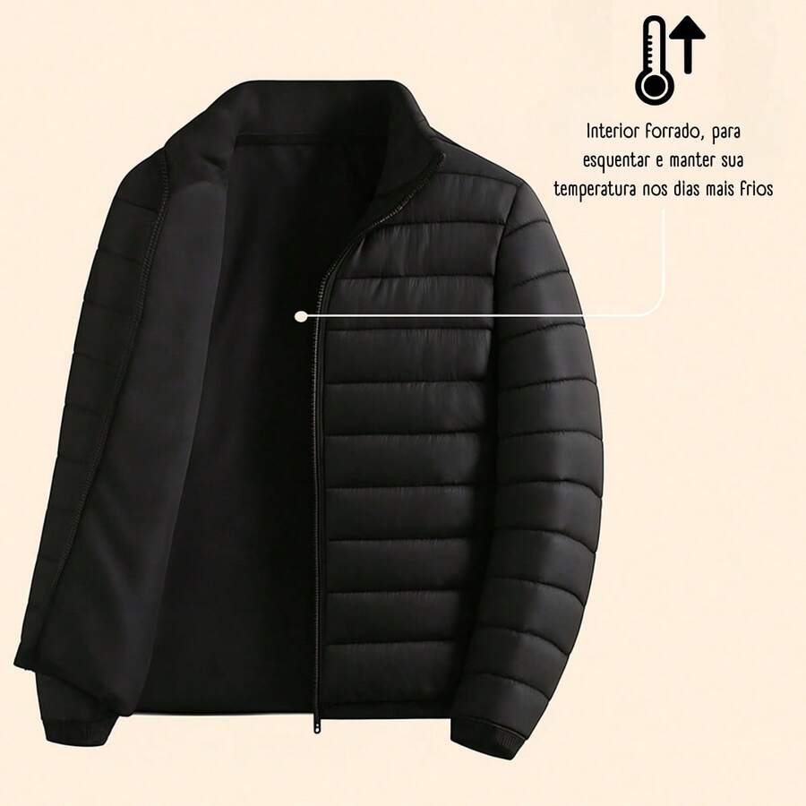 Jaqueta Feminina Puffer Forrada Sem Capuz Impermeável - Preto - Visão 1