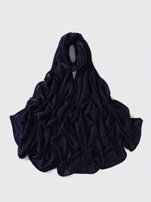 1条女士纯色褶皱休闲围巾，弹力透气针织小长围巾，可作头巾、披肩，保暖防晒，适合搭配连衣裙