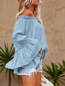 Plus Size Women's Solid Color Off Shoulder Flare Sleeve Blouse Spring - Baby Blue - View 4