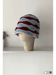 1pc Vintage Striped Handmade Hollow Out Bucket Hat, Women Summer Outdoor Sun Protection Hat, Contrast Color Stripes Handcrafted Knitted Bucket Hat, Women Autumn/Winter Outdoor Petite Size Knitted Cap, Versatile Autumn Accessories