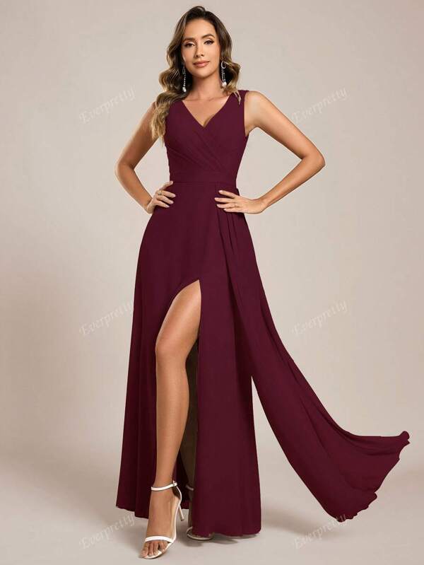 Elegant Solid V-Neck Ruched Draped Split Thigh Maxi Bridesmaid Dresses