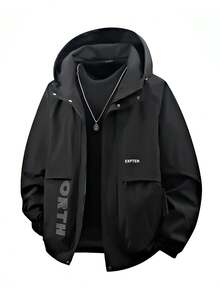 Men Plus Size Long Sleeve Hooded Jacket, Casual Fashion Camo Print Workwear Jacket, Suitable For Autumn And Winter - Black - View 1