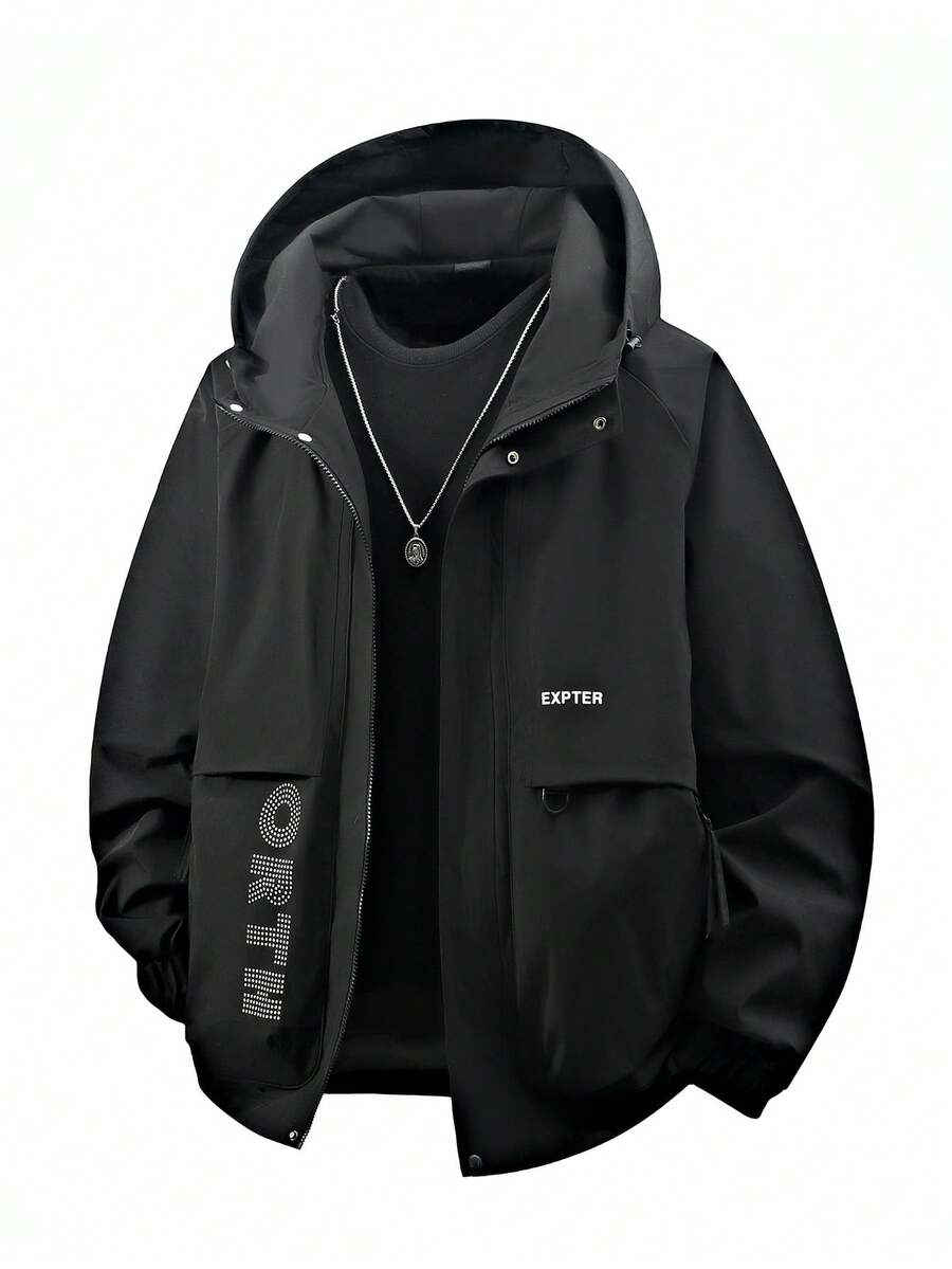 Men Plus Size Long Sleeve Hooded Jacket, Casual Fashion Camo Print Workwear Jacket, Suitable For Autumn And Winter - Black - View 1