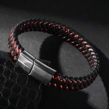 经典简约男士皮革手链，朋克皮革腕带，钛钢编织皮绳