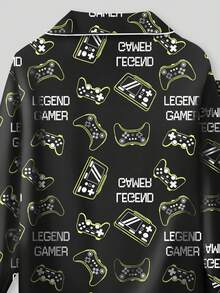 2 件套青少年男孩家居服套装：黑色游戏机印花翻领长袖衬衫和长裤 - 彩色 - 查看 6