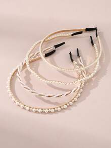 4 件女士时尚仿珍珠头带，简约百搭，适合新娘、发带、发箍、秋季