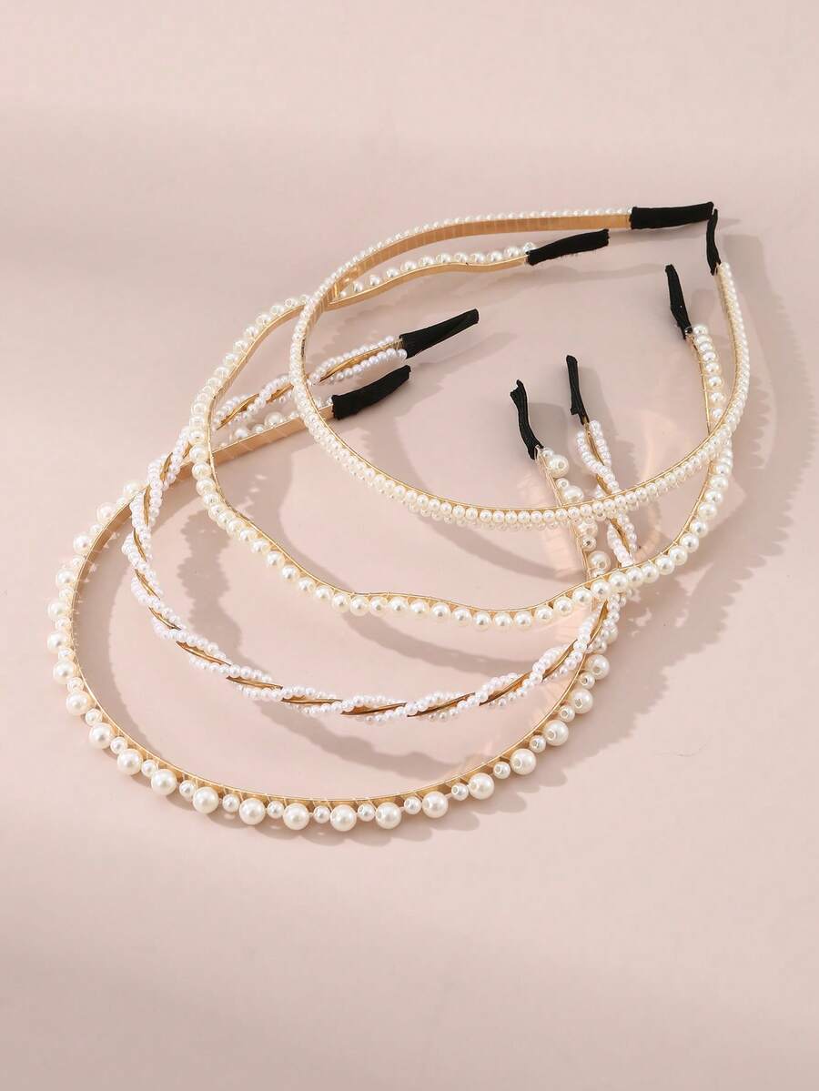4 件女士时尚仿珍珠头带，简约百搭，适合新娘、发带、发箍、秋季