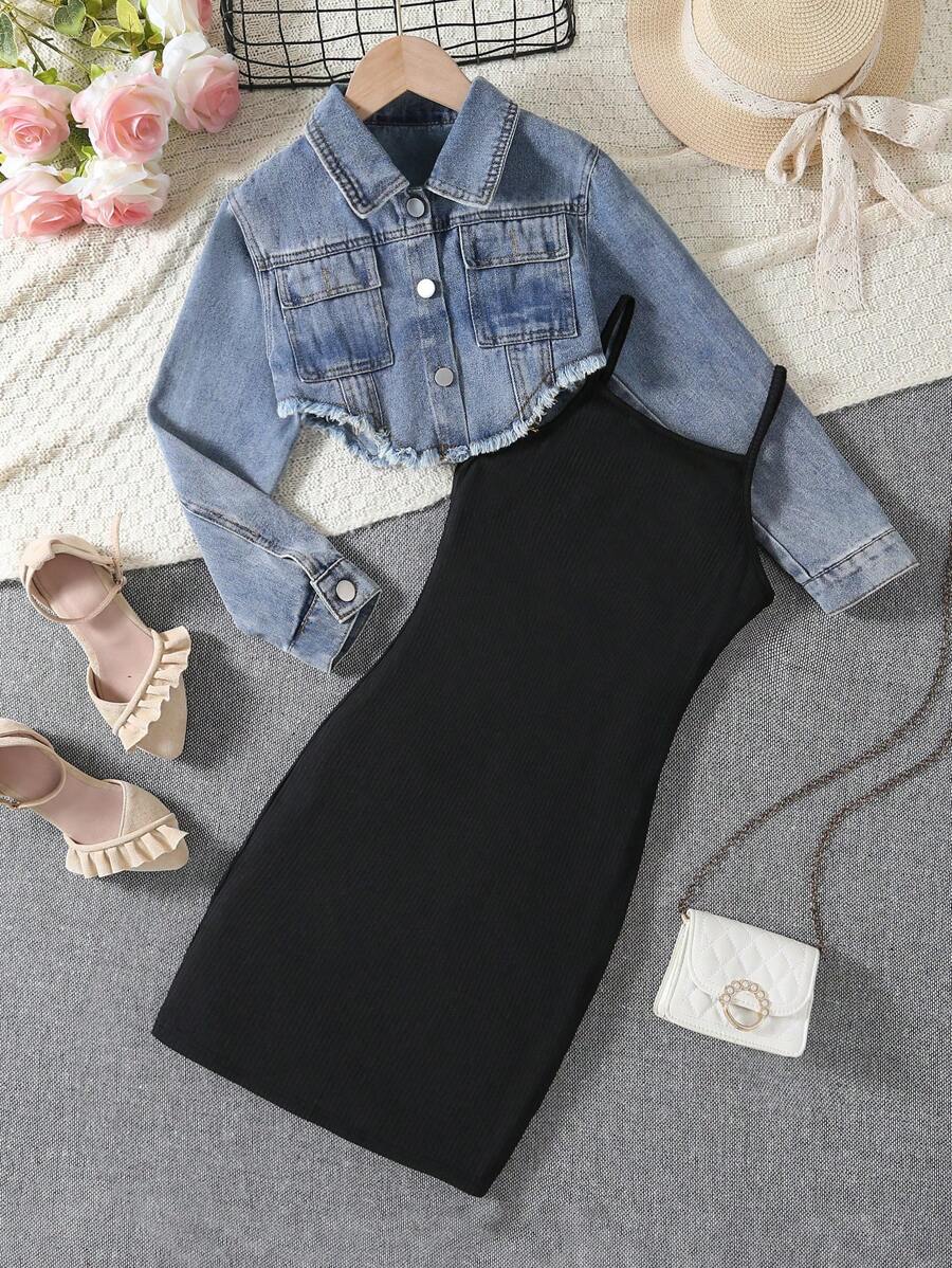 Tween Girl 2 Pieces Set, Fashionable Casual Denim Jacket And Black Strap Dress, Spring/Autumn