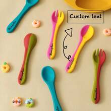 2PCS/Set Personalized Customization Name Baby Silicone Utensils Feeding Learning Children Tableware Custom Baby Soft Spoon Forkback To School Winter Gift Ideas Boy Girl Valentine's Day - Multicolor - View 1