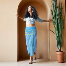 Chiffon Belly Dance Hip Scarf With 128 Coins For Yoga Class - 淺藍色 - 查看 2