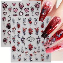 Set de 5 pegatinas de uñas 3D y 5D con rosas negras, pegatinas de uñas de rosas burdeos semitraslúcidas vintage, pegatinas de uñas DIY, pegatinas de uñas con rosas 5D con relieve suave de estilo gótico