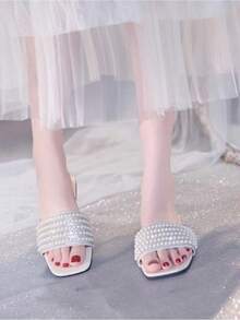 大码女学生凉鞋一脚蹬平底鞋夏季新款银色方头女士凉鞋水钻防滑软底系带拖鞋，时尚搭配连衣裙，适合海滩，主妇首选 - 米色 - 查看 2