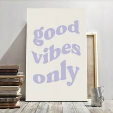 1Pc Framed Wall Art Good Vibes Only Retro Purple Canvas Poster Paintings Ideal Gift For Living Room Bedroom Corridor Wall Decor Room Decoration Ready To Hang - Multicolor - View 1