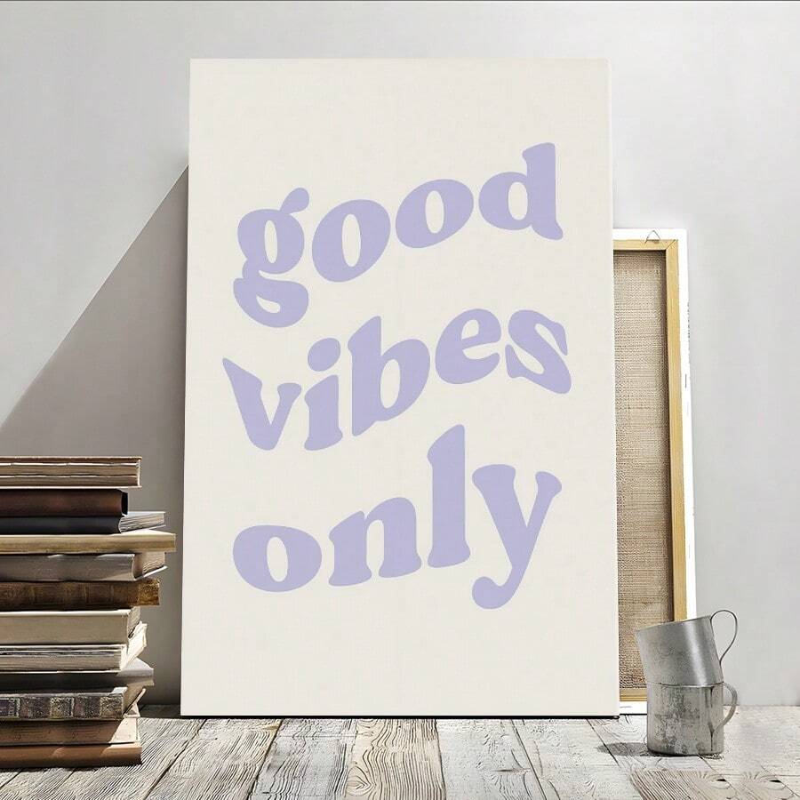 1Pc Framed Wall Art Good Vibes Only Retro Purple Canvas Poster Paintings Ideal Gift For Living Room Bedroom Corridor Wall Decor Room Decoration Ready To Hang - Multicolor - View 1