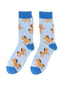 1双男士卡通木马图案趣味中筒袜，适合日常休闲穿着，动物爱好者的首选，派对和社交活动的完美礼物，秋冬男女必备袜子