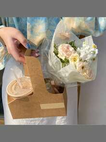 10/15 Kraft Paper Coffee Holder With Handle, Double Compartment Portable Takeaway Beverage Holder, Takeaway Paper Cup Holder (White, Brown, Pink), Event Party Box, Kraft Paper Flower Basket, Hot Or Cold Drink Cup Holder, Milk Tea Holder, Takeaway Box, Dessert Cake Bouquet Box, Wedding Gift, Floral Accessories, Suitable For Wedding Party, Office, Outdoor. - Multicolor - View 7