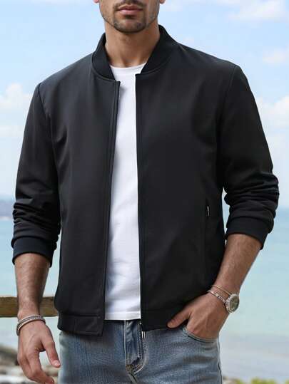 Men's Casual Black Bomber Jacket, Lightweight Zip Up Stand Collar Coat, Stylish Outerwear For Spring Fall