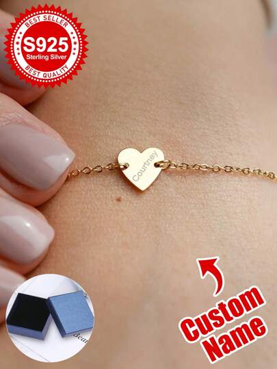 Pulsera con forma de corazón personalizada de plata de ley S925 - Regalo personalizado para novia, hermana, mejor amiga, mamá y uno mismo - Ideal para cumpleaños, aniversario, Día de San Valentín, graduación, estilo delicado diario y momentos dulces