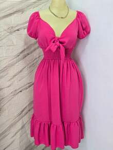 vestido liso   casual  abajo de la rodilla , con corbatin en la parte del busto  Liso    Casual    Tela    Bajo con volante  Nudo  Fruncido    vestido  Vacaciones  Casa  Diario  Jardín  Calle  viaje    PRIMAVERA - Rosa Fucsia - Ver 3