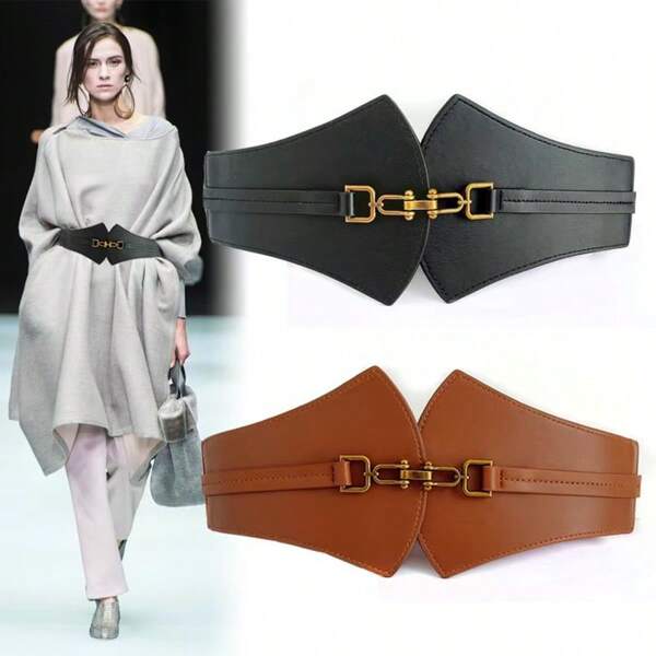 1pc Solid Color Retro PU Leather Waist Belt, Elastic Waistband, Minimalist & Casual, All Season