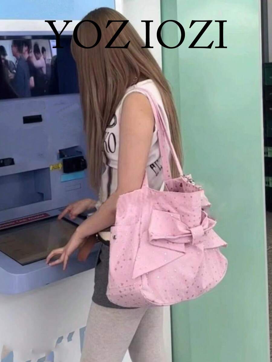 韩版小众褶皱蝴蝶结帆布背包，大容量通勤手提包，适合大学生，手提包和单肩包 - 粉色 - 查看 1