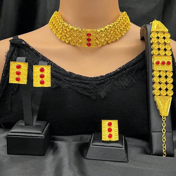 1 Collar, 1 Par de Aretes, 1 Anillo, 1 Pulsera - Set de Joyería Chapada en Oro de 4 Piezas, Fashion para Mujeres, Adecuado para Novias Europeas, Africanas, de Oriente Medio, de Dubai, Bodas, Ocasiones Formales, Día de San Valentín, Graduación, Día de la Madre, Feriados