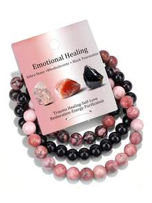 Xiacheng 男女适用疗愈水晶手链 8 毫米虎眼石赤铁矿黑曜石天然石串珠弹力手链三重保护手工宝石灵气珠宝礼物 - 經典色 - 查看 8