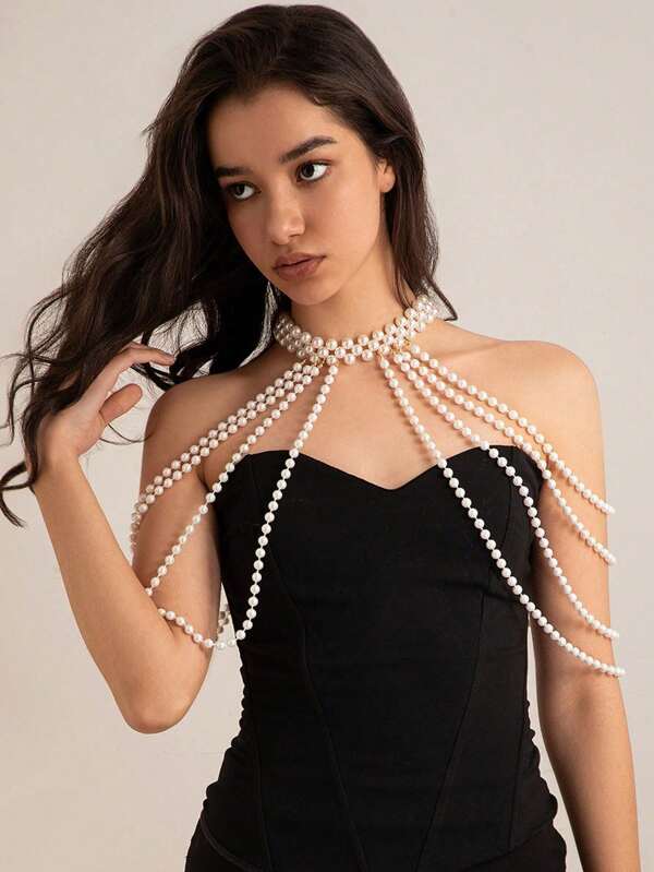 Elegant Tassel Multilayer Shoulder Chain Faux Pearl Harm Shawl Necklace For Women Wed Bride Goth Neck Rave Party Body Jewelry