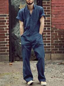 European & American  Cross  Border Men's Lapel Multi  Pocket Button Short  Sleeve Loose Workwear Long  Pant Jumpsuit
